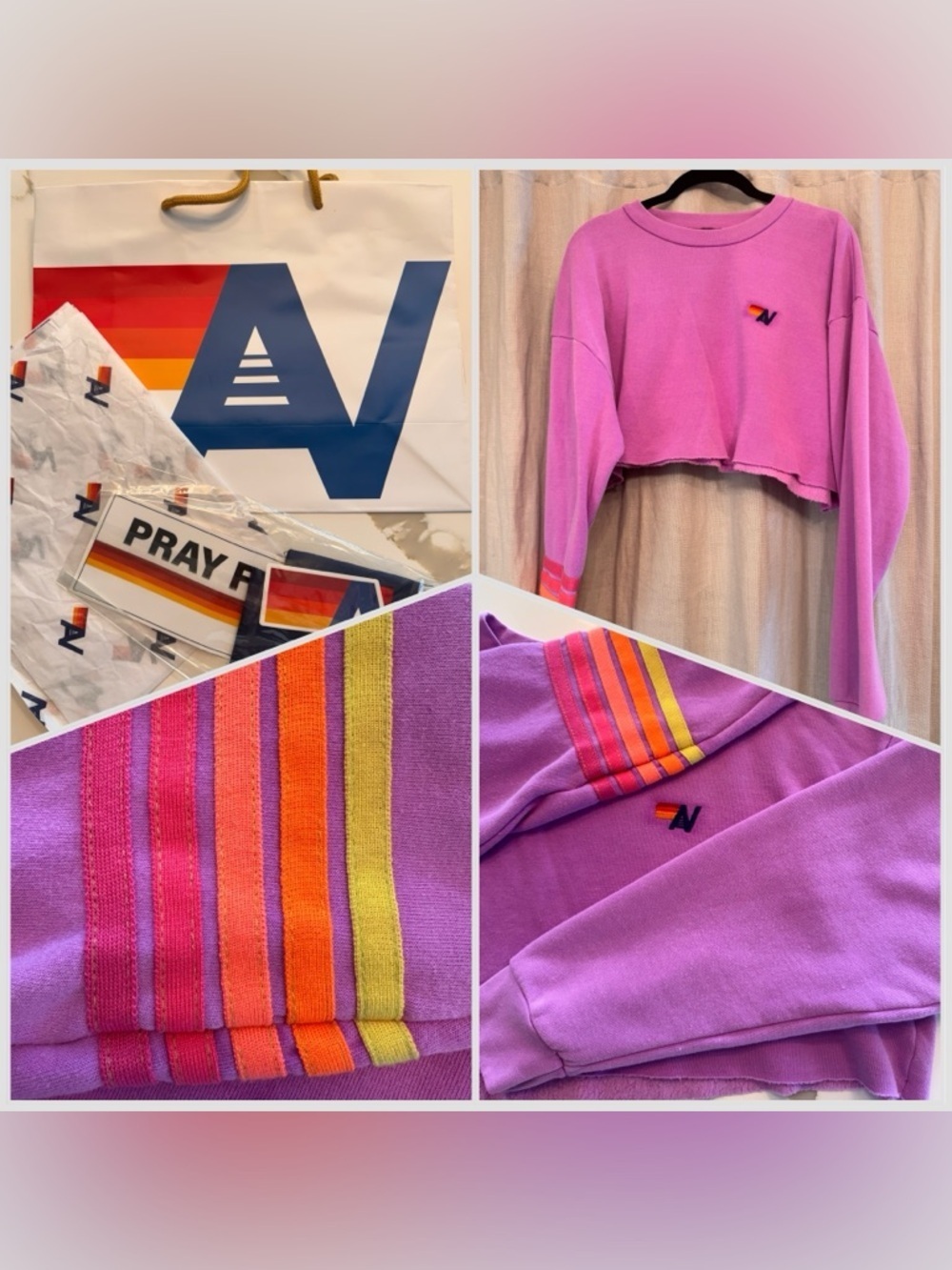 🎁 NWT Aviator Nation 5-Stripe Cropped Sweatshirt Purple XS + GIFT SET